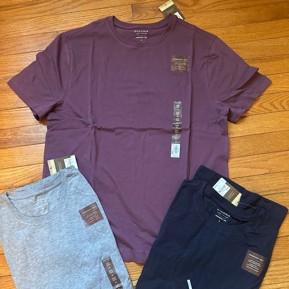 3-Pack NEW Men’s Sonoma Weekend Tee Shirt SZ M 100% Cotton Navy,Gray,Eggplant